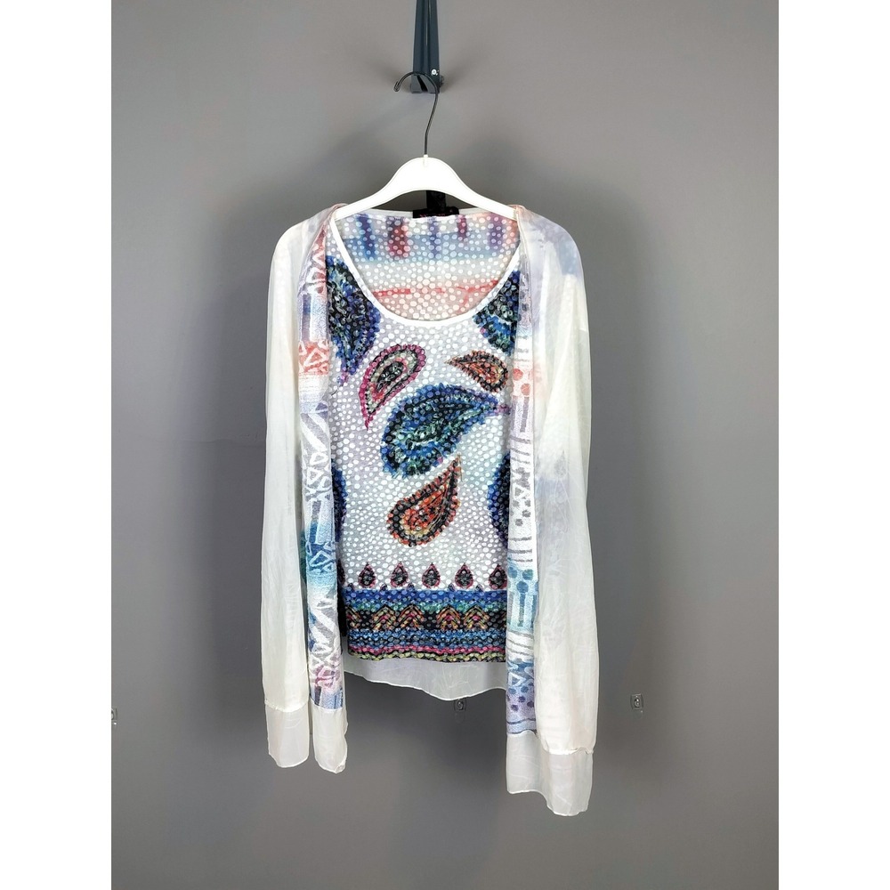 Elena Wang Sheer Burnout Mesh Paisley Layered Top Womens Large White‎ Multi